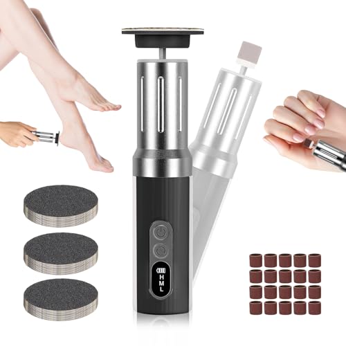 Dermaglide - Eliminador de callos eléctrico 2 en 1 para pedicura, con pantalla LCD de 6 velocidades ajustables, Dermaglide para talones agrietados y durezas (gris plateado)