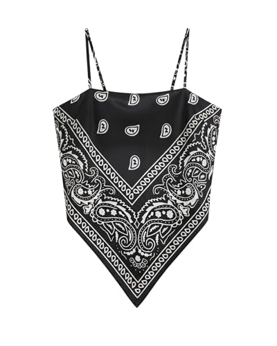 Outoshe Womens Paisley Satin Bandana Tube Top Tie Back Adjustable Spaghetti Strap Sleeveless Boho Going Out Scarf Tops Black
