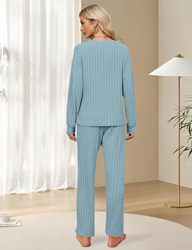 Image of Blooming Jelly Women Ribbed Long Sleeve Pajama Sets Fall Loungewear Pockets | 2 Piece Lounge Pj Matching Set Cute Casual Outfit Fleece Drawstring Crew Neck Wide Leg Flannel Soft Sleepwear