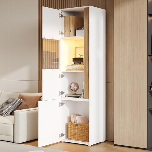 YAIXBNG Vitrina de almacenamiento, armario alto con iluminación LED, 2 puertas (una de ellas de acrílico), adecuado para salones, oficinas y cocinas, color blanco y natural. Dimensiones: 50 x 40 x 179