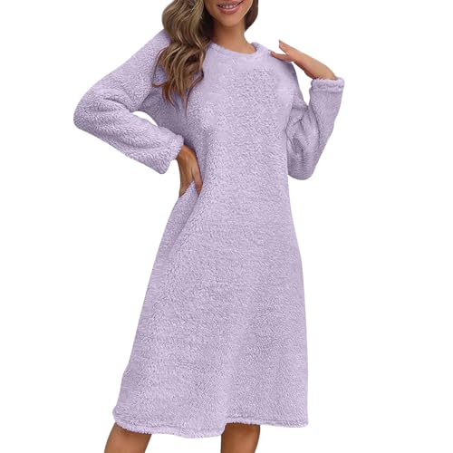 Women's Dresses Long Sleeve Flannel Crewneck Pullover Nightgown Dress Fall Fashion Warm Comfortable Midi Pajama Sleepdress Purple