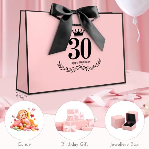 Image of JMANNI 30th Birthday Gift Bag, Pink with Black Satin Bow & Crown Design, Large Happy 30th Birthday Present Bag for Party Favors, Size 14.17 inchx9.84 inchx4.33 inch