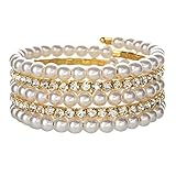 Caiyao Handmade Crystal Pearl Elastic Bangle Gold Silver Multilayer Freshwater Pearl Bracelet Sparkling Stackable Crystal Bracelets for Women Wedding Jewelry