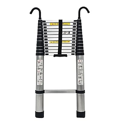 QINNIE Telescoping Ladder 12.5feet / 15.5feet / 20ft / 14feet, Aluminum Telescopic Extension Ladders with Hook, for Home Roof Top Attic Outdoor, Loads 330lbs