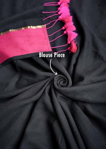 Image of Sudip callection Handloom Mul Cotton Saree for Women - Bottle Green with Pink Border Golden Zari Line & Tassel Pallu