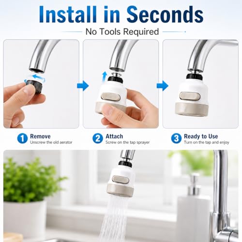 Image of ROSE MI Flexible Kitchen Tap Head Movable Sink Faucet 360 Rotatable ABS Sprayer Removable Anti-Splash Adjustable Filter Nozzle Swivel Water Saving Aerator 3 Modes Kitchen tap, Polished