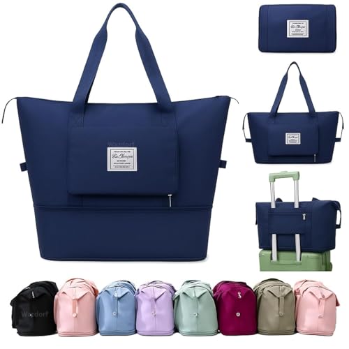 Image of Large Capacity Folding Travel Tote Bag, Oxford Fabric Waterproof Lightweight Foldable Travel Duffel Bag, Portable Expandable Travel Bag, Dry and Wet Separation Carry On Bag for Airplanes (Dark Blue)