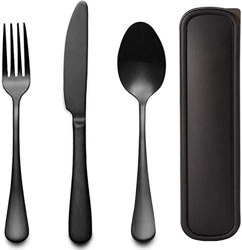 Portable Travel Utensils Set with Case 18/8 Stainless Steel Black Silverware Sets Include Knife Fork and Spoon with Case Reusable Utensil Set for Lunch Box and Camping (Black)