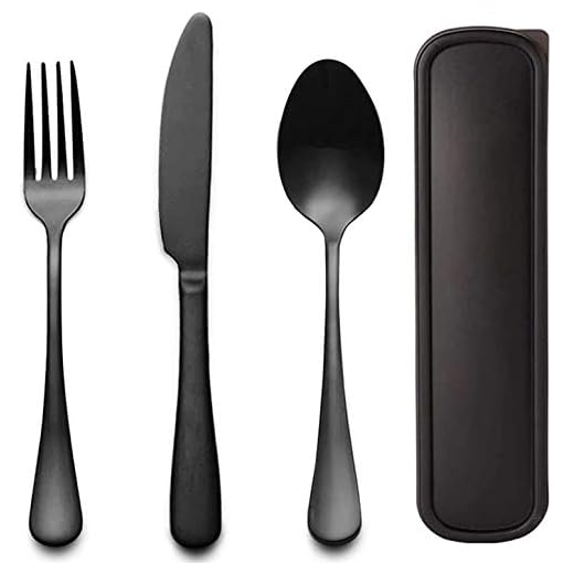 Portable Travel Utensils Set with Case 18/8 Stainless Steel Black Silverware Sets Include Knife Fork and Spoon with Case Reusable Utensil Set for Lunch Box and Camping (Black)