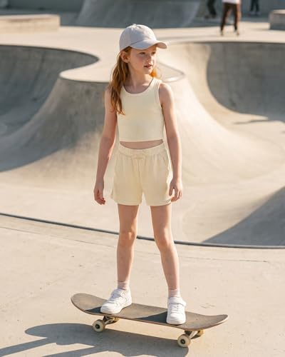 Image of Stelle Girls 2 Piece Outfits Tank Top and Shorts with Pockets 5-15 Years | Girls Ribbed Tops,Crop Tops,Scoop Neck,Sleeveless Tops,Elastic Waist Shorts,Bow Waist,Side Pockets