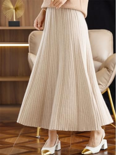 Pulcykp Women Knit Pleated Skirt Wool Blend A-Line Long Skirt Soft Warm Fall Winter Slim Elastic Waist Skirts3