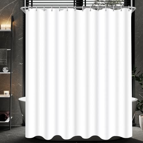 Lerores Shower Curtain, 200 x 240 cm, Pure White, Weighted Hem, Anti-Mould Textile, Water-Repellent, Washable Polyester Fabric Bath Curtains for Bathroom, Bathtub with 12 Shower Curtain Rings