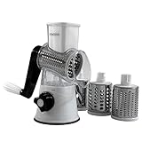 VitaSlice Gemüsehobel weiß Manuelle Gemüsereibe mit Kurbel – Schnelles & sicheres Reiben und Schneiden – Trommelreibe mit 3 Einsätzen – Für Käse, Gemüse & Nüsse