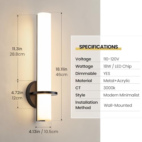 Image of AIJIASI 18 Inch Wall Sconces Set of Two, Black Bathroom Sconces 18W 2700K-5000K LED Dimmable Modern Wall Sconces with Acrylic Shade for Bedroom Living Room Hallway Stairway