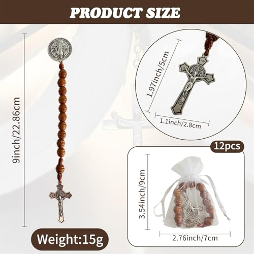Image of Bovemee Saint Benedict Medal Prayer Pocket Rosary Catholic Brown Wood Beads with Medalla de san benitol and Crucifix, 9 Inch