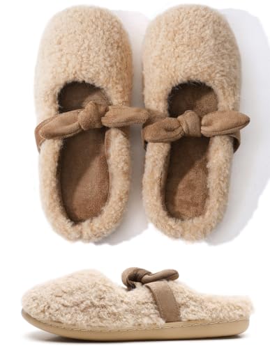 Fuzzy Slippers for Women Size 9, Soft Mary Jane Flats Slippers with Bow - image 5