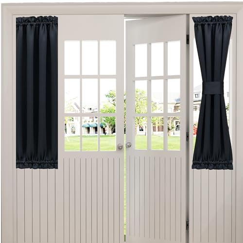 Aquazolax Front Door Curtains for Glass Window Black - Thermal Insulated Blackout Curtain Drapes for Small Front Sidelight Door Windows, 25x40 Inch, 1 Panel with Tieback