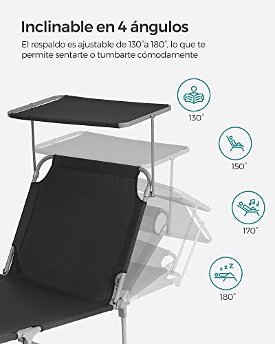 Miniatura 4 de Songmics - Silla Larga, Baño De Sol, Silla De Relajación, Con Reposacabezas, Respaldo Y Sombrilla Reclinables, Ligera, Plegable, 53 X 193 X 29,5 Cm, Carga 150 Kg, Jardín, Negro Gcb192b01