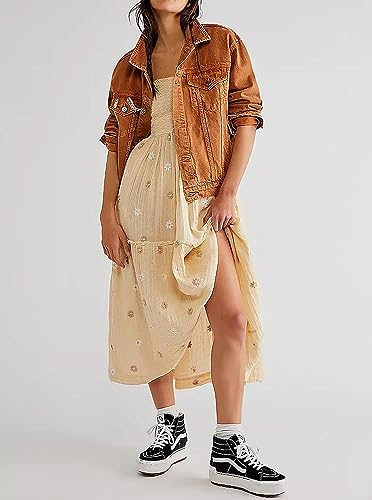 Willow Dance Women Casual Bohemian Floral Dress Square Neck Ruffle Swing A Line Long Sleeve Beach Maxi Dress with Pockets4