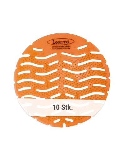 Lorito Urinalsieb mit Duft Mango - 10 x Urinaleinlagen als Spritzschutz & Geruchsneutralisierer, Für langanhaltende Frische im WC und Pissoir, Hergestellt aus recycelten Materialien