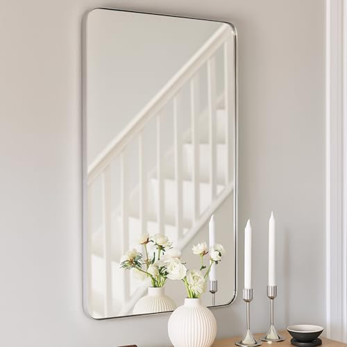 TEHOME 20x30'' Polished Nickel Rounded Rectangle Bathroom Mirror Polished Nickel 30 x 20 inch Metal Framed Rectangular Vanity Mirror
