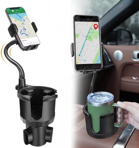 Car Cup Holder Expander with Phone Mount, [Super Stable & No Shaking] 2 in 1 Upgraded Thick Gooseneck Cup Holder Car Mount, Adjustable Base Cell Phone Holder Cradle for All Smartphone