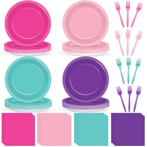 96 PCS Teal Blue Pink Purple Paper Plates and Napkins Dog Birthday Party Supplies Lets Pawty Puppy Tableware Set Colorful Puppy Themed Party Favors Baby Shower