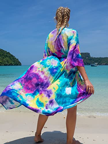 Swimsuit Cover Up Kimonos For Women Blue Tie Dye Beach Blouse Long Beach Kimono Robe Plus Size Beach Cover Ups Lace Up Pregnant Loose Kimono Duster Cardigan With Belt 1062-19 #TOP1