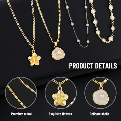 4 Stück Mode Minimalistisches Boho Shell Blumen & Faux Perlen Y-Halskette Set, Vielseitig Für Party, Geschenk, Goldene Kette Damen, Kreuz Anhänger – Bild 4