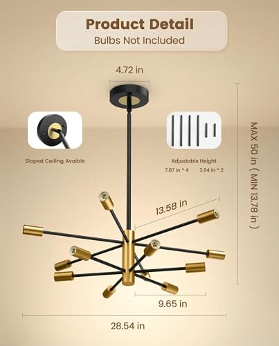 KEILAIMO Modern Chandelier, 12-Light Sputnik Ceiling Light Fixture, Mid Century Height Adjustable Sputnik Chandeliers for Dining Room, Kitchen Island, Living Room, Bedroom - Black and Gold — view 4