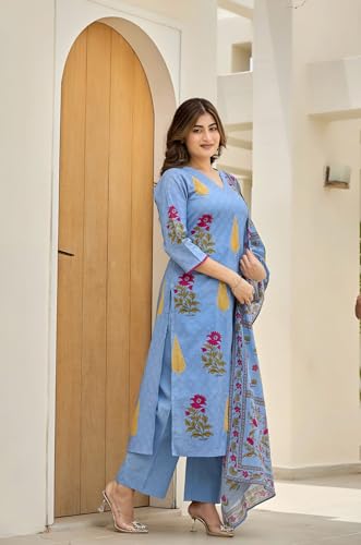 Image of GoSriKi Women's Rayon Viscose Printed Straight Kurta with Pant & Dupatta