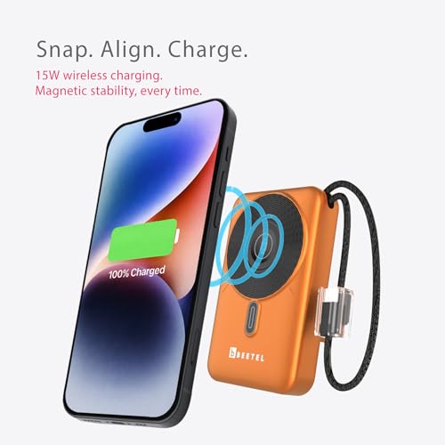 Image of Beetel MagVibe Series WS10 4 in 1 MagSafe 10000mAh Magnetic Wireless Power Bank for Apple iPhone, iWatch & AirPods, Qi Charging for Samsung, OnePlus and Other Android Devices|3M Ring in Box|Orange