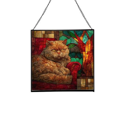 Sel.Kirk Rex Cat Christmas Stained Glass Suncatcher – Square Hanging Holiday Window Panel with Cozy Fireplace Scene – Winter Glass Art Decoration Gift for Animal Lovers, Pet Owners GK1FIX