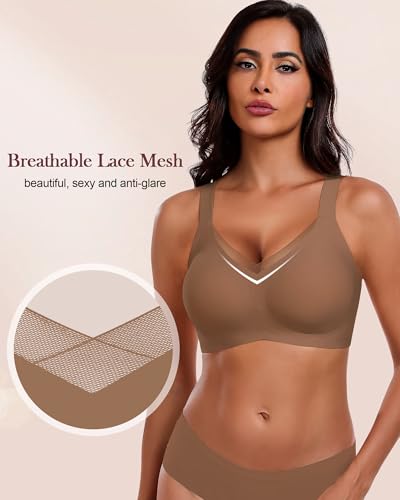 Image of HORISUN Seamless Mesh Lace Bras for Women No Underwire Wireless Bras with Support and Lift Full Coverage Deep V Bralettes