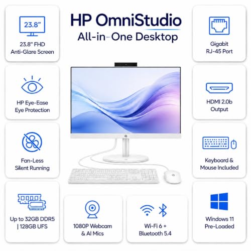 Image of HP OmniStudio 24 inch Full HD All-in-One Desktop Computer | Intel Quad-Core CPU | 16GB DDR5 RAM, 128GB UFS Storage | WiFi 6, Bluetooth 5.4, Keyboard & Mouse, Windows 11