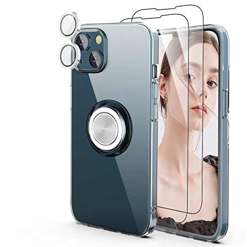 Coque iPhone 13 transparente anti-chute avec béquille anneau et pack 2 verres trempés d'écran