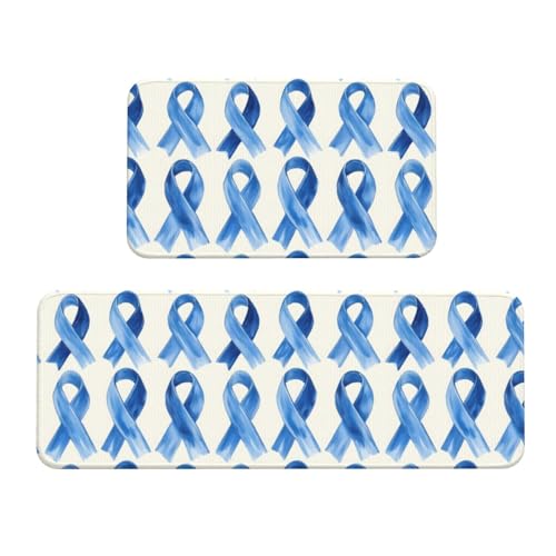 GVYGVY Antifatigue Kitchen Mats for Floor 2 Piece - Blue Ribbons Print Kitchen Rugs Washable, Non Slip Runner Rug Standing Mat for Office/Bathroom/Laundry/Home Decor and Accessories