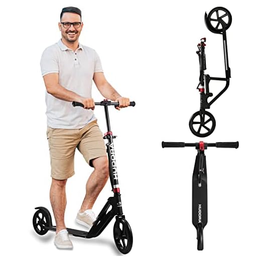 Hudora Folding ,Adjustable Height Scooter for Adults 300 Lbs ,Teens 12 Years and up, Kick Scooter for Outdoor Use (Black)