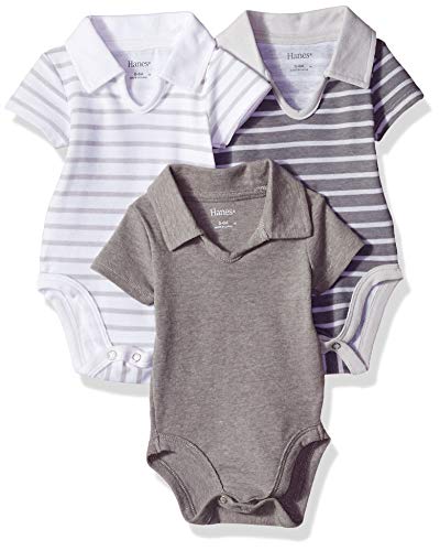 Hanes unisex baby Ultimate Flexy 3 Pack Short Sleeve Polo Bodysuits Bodystocking, Grey Stripe, 0-6 Months US