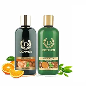 DENVER Vitamin – C Refreshing Body Wash + Purifying Body Wash- 325ML Each (Pack of 2) | Gel Based Shower Gel for Men | Paraben Free Body Wash | Suitable for All Skin