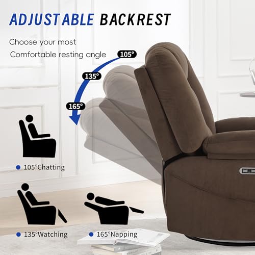 Image of Power Swivel Rocker Recliner Chair for Adults, Electric Rocking Recliner with Massage and Heat for Living Room Bedroom, Fabric Reclining Sofa Chair with USB and Type-C Ports,Brown