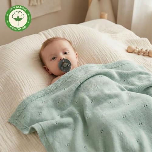 Image of 100% Organic Cotton Knit Receiving Baby Blanket for Newborns - Soft, Breathable Blanket for Crib & Stroller - Nursery Gift (Roman Green)
