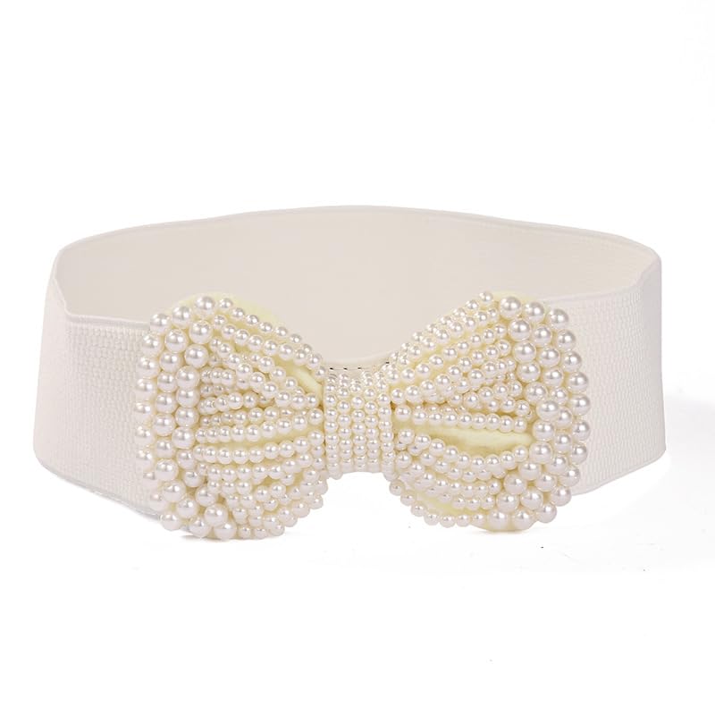 Elastic Pearl Bow Wide Belt for Women, Fashion Stretch Waist Belt Decorative Bowknot Ladies Belt for Dresses Skirts Party Wedding
