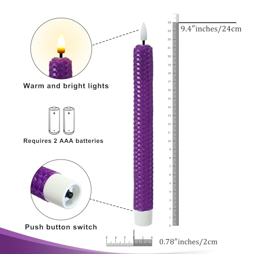 Image of Beeswax Honeycomb Flameless LED Taper Candles, 9.5 Inch Flickering Wax Candles with Remote & Timer, Purple Battery Operated Dripless Tapered Candle for Home Wedding Decor, 4 Pack