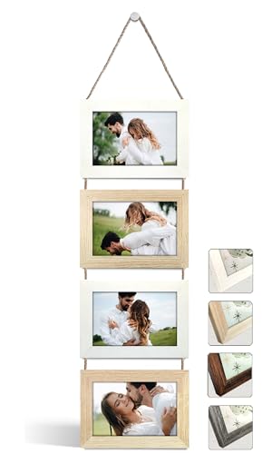 NEOWS Portafotos Múltiple Decorativo para Colgar en Pared   Marcos de Fotos Multiples de Madera Con Cuerda   Collage Portarretratos Colgante   Fotos 10x15 cm (Blanco y Roble, 4 Fotos Horizontal)