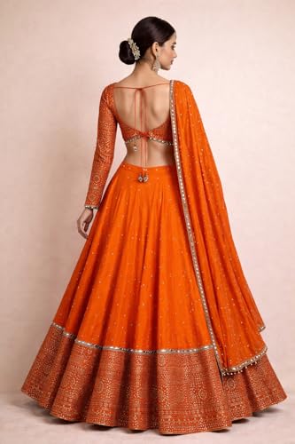 Image of Suppar Sleave Women's Embroidered Vichitra Silk Lehenga Choli Dupatta Set Semi-Stitched Blouse and Fit & Flare Style