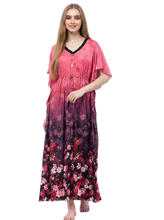 yazia Women's Printed Kaftan Maxi Nighty | Cotton Blend Long Night Dress for Women | Loose Fit Full Length Nightwear | Stylish Floral & Abstract Print Maxi Gown | Half Sleeve Sleepwear-picture-59