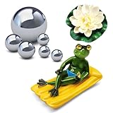 MQIAN Miniteich Deko Set,Frosch Deko Teich,Teich Deko Schwimmend, Mit 6 schwimmkugeln Silber,4 Schwimmend Lotusblätter,1 Teichfigur Frosch Ideal für Gartenteich,Springbrunnen oder Wasserschalen