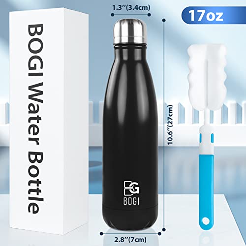 Bogi Insulated Water Bottle, 17Oz Stainless Steel Water Bottles, Leak Proof Sports Metal Water Bottles Keep Drink Cold For 24 Hours And Hot For 12 Hours Bpa Free Kids Water Bottle For School (Black) #TOP1