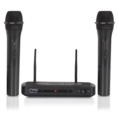 Pyle Dual Channel Wireless Microphone System - Dual Frequency Wireless Mic Receiver Set with 2 Handheld Dynamic Transmitter Mics, Receiver Base - PA, Karaoke, Dj Party - PDWM2130